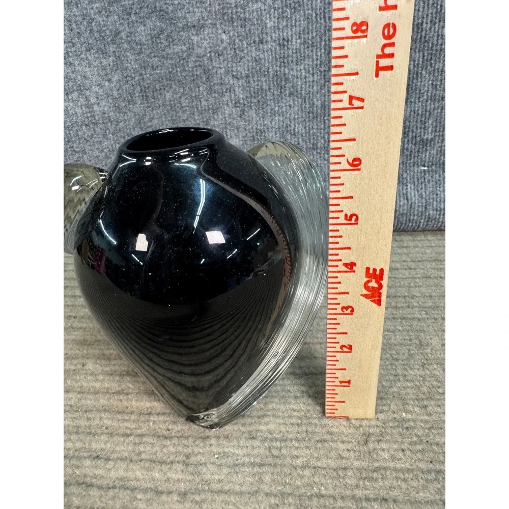 Vintage 1983 Two's Company Handblown Black Glass Vase Clear Ribbed Handles 7in